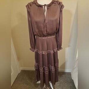 Current Air Loose Flowy Midi Maxi Dress SZ S Light Brown Layered Ruffle Collar